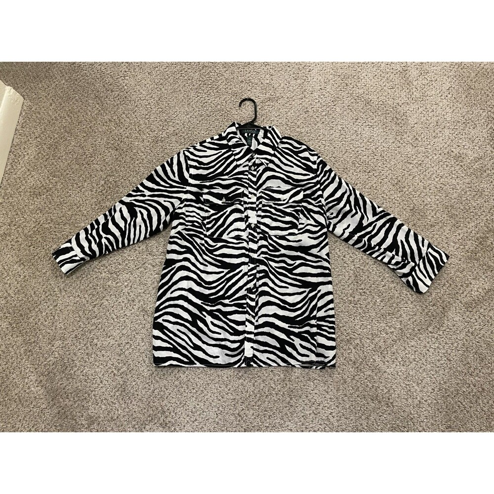 Lauren Ralph Lauren Shirt Womens 1X Black White Zebra Print Cotton Chest Pocket